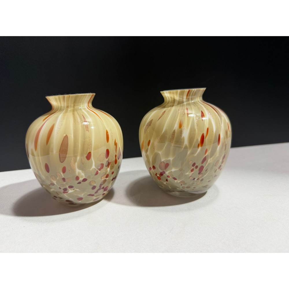 Artisan Hand Blown Glass Bud Vases Tan Red Confetti Gold Aventurine Set of 2